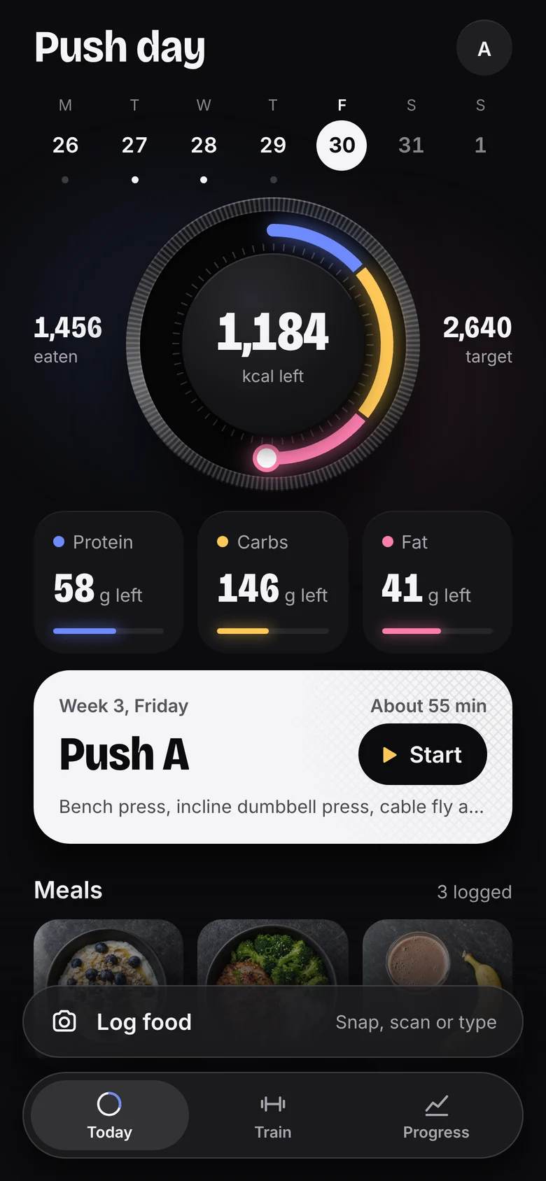 Indar's Today screen: 1,184 calories left of 2,640, with protein, carbs and fat left below, and today's workout, Push A, ready to start